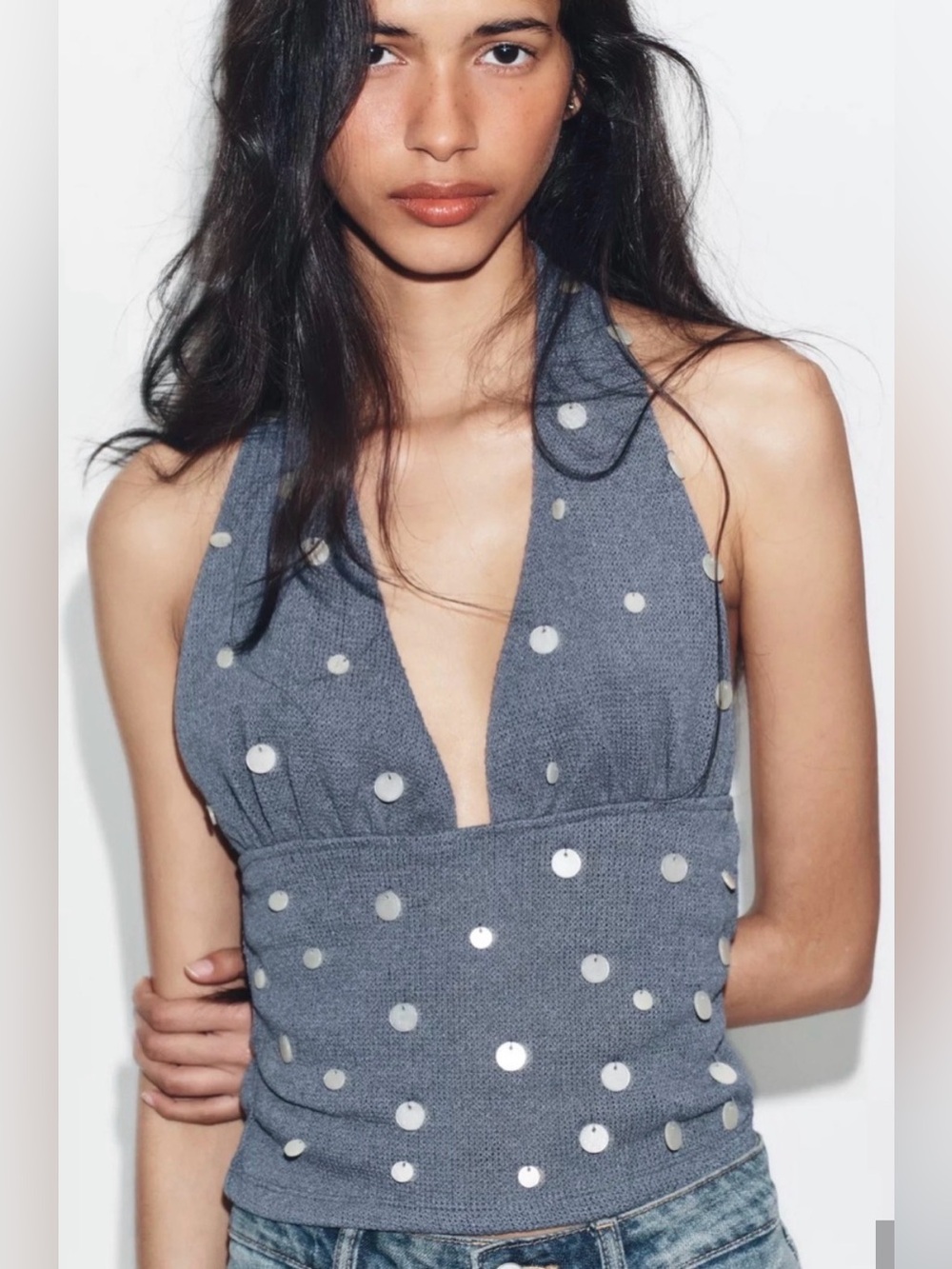 Zara Navy Halter Knit Top with Silver faux seashell Disc
